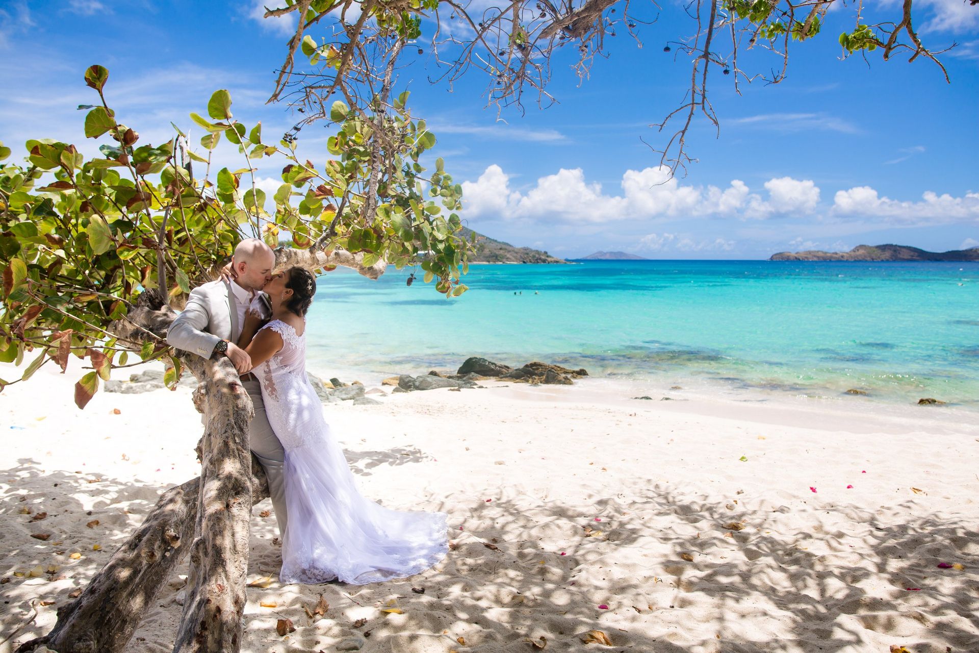 Bride and groom leaning under a crooked tree on a tropical beach