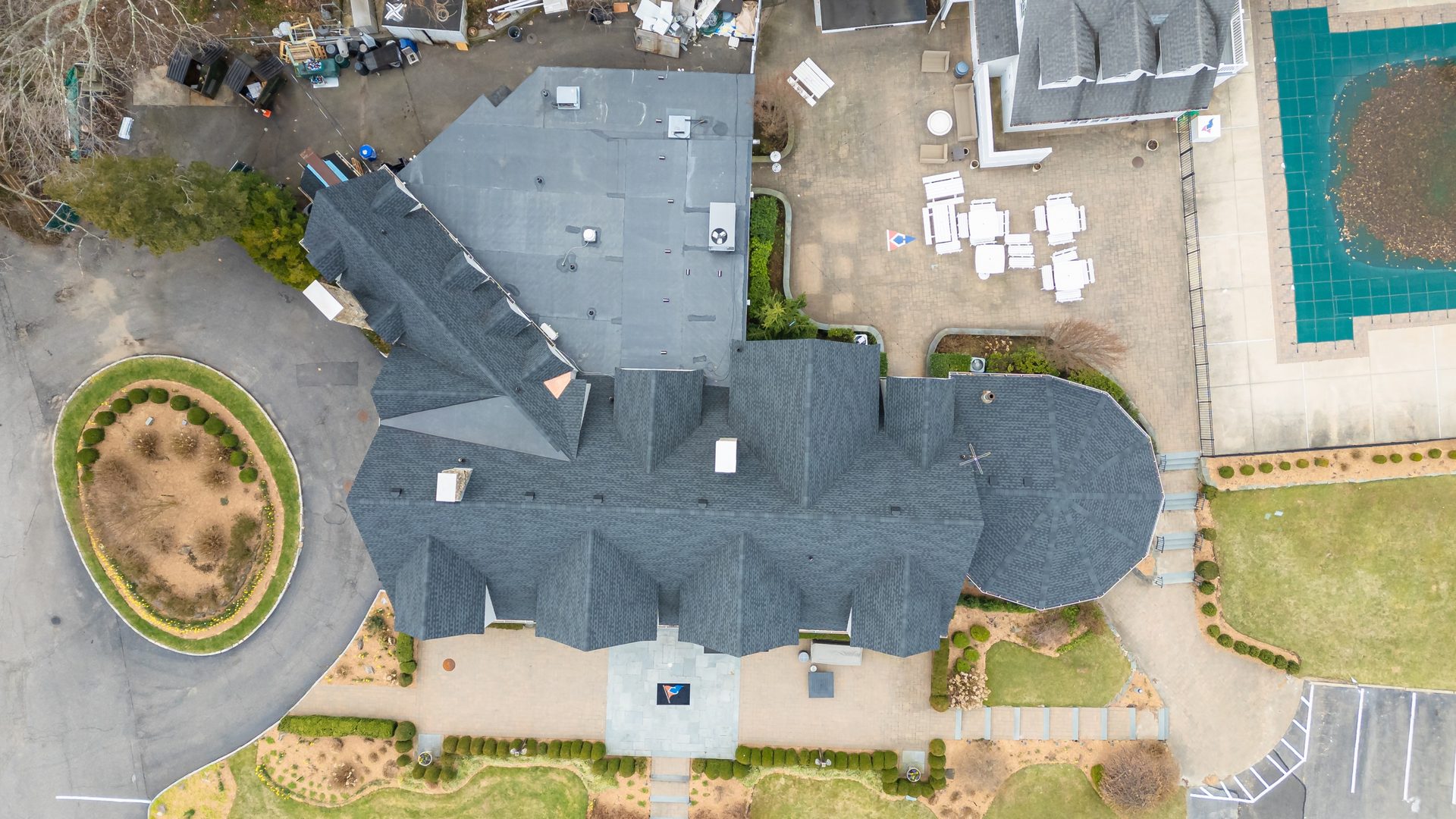 Completed roof replacement — new architectural shingles seen from above