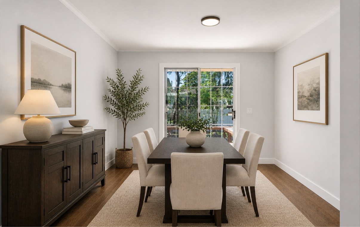 Dining room with a dark wood table, cream chairs and sliding glass patio doors